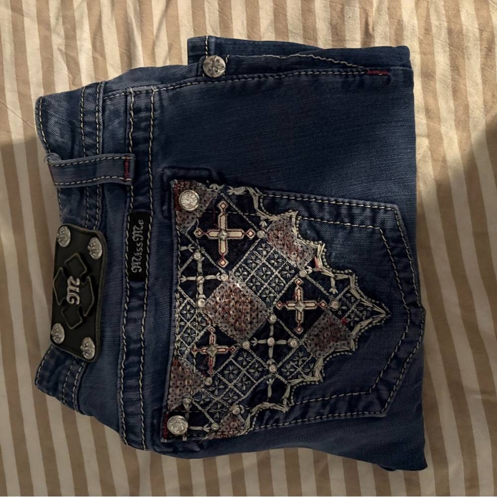 Miss Me Dark Blue Bootcut Jeans with Embroidered Sequin Pocket